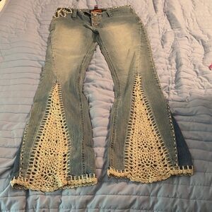 Dollhouse Blue Flare Jeans with Cream Crochet Insets